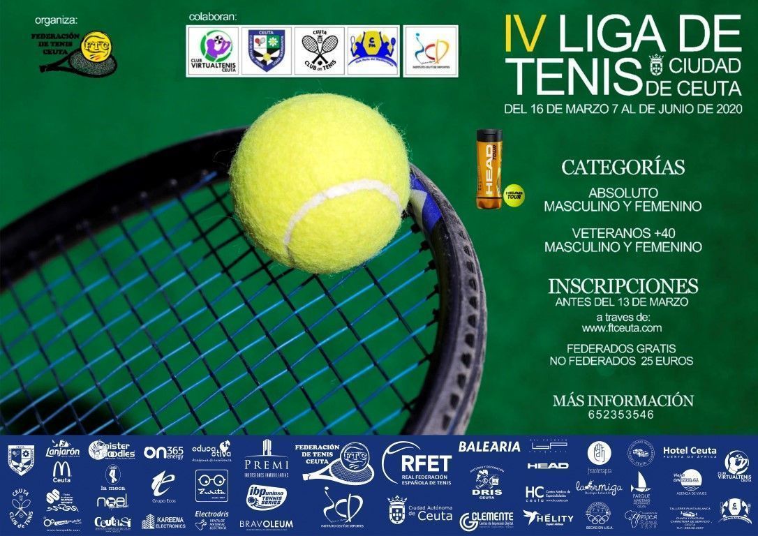 La Federación de Tenis de Ceuta convoca la IV Liga de Tenis “Ciudad de Ceuta”  destinada a jugadores y jugadoras federadas en las categorías Absoluto masculino y femenino (1ª y 2ª categoría), y Veteranos +40 masculino y femeninos. Una competición que se regirá según Reglamento oficial de la Real Federación Española de Tenis, y que sumará puntos en el Ranking Nacional en función de los resultados cosechados por los jugadores inscritos.   	Las inscripciones se formalizarán, exclusivamente, a través de la página web www.ftceuta.com ,  antes del viernes día 13/03/2020.  Inscripciones gratuitas para jugadores con licencia federativa en vigor y pago cuota de 25€ para no federados. Para ampliar información contactar en el número de teléfono 652.35.35.46.   Una liga que ofrecerá a los jugadores inscritos la regularidad necesaria para mantener la ilusión en una modalidad deportiva, que tantos éxitos ha brindado al deporte español, puesto que la Liga Regular será de todos contra todos, jugándose un enfrentamiento por semana al mejor de tres sets Tie-Breaks y Match-Tiebreak a 10 puntos en caso de jugar el tercero. El director de la liga será Alejandro Mata (652.35.35.46) y estará supervisada el Juez Arbitro Nacional Yasin Mohamed-Harrús (626.05.88.09).  	La Liga Regular comenzará la semana del lunes 16 de marzo y culminará la semana del 07 de junio de 2020. Los 4 clasificados de cada categoría obtendrán plaza para disputar el MASTER FINAL, donde se determinarán los campeones y finalistas.   Habrá trofeos para los campeones y subcampeones de cada categoría, regalos y sorteos de material deportivo para todos los participantes.