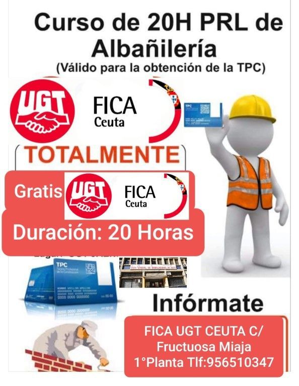 FICA-UGT formará gratis en riesgos laborales a los trabajadores ceutíes de construcción en desempleo