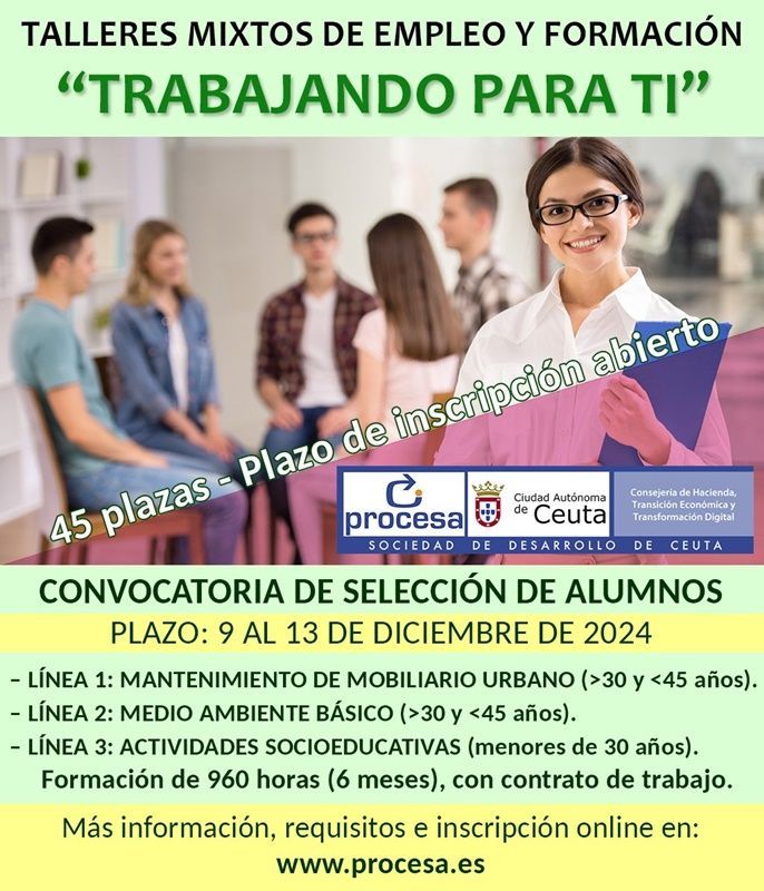 Abierto el plazo de selección de alumnos para los talleres mixtos de formación y empleo “Trabajando para ti”