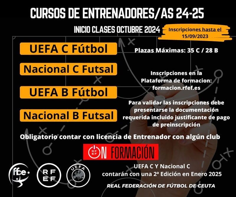 Disponibles las inscripciones para los Cursos UEFA C y UEFA B de Fútbol, y Nacional C y Nacional B de Fútbol Sala