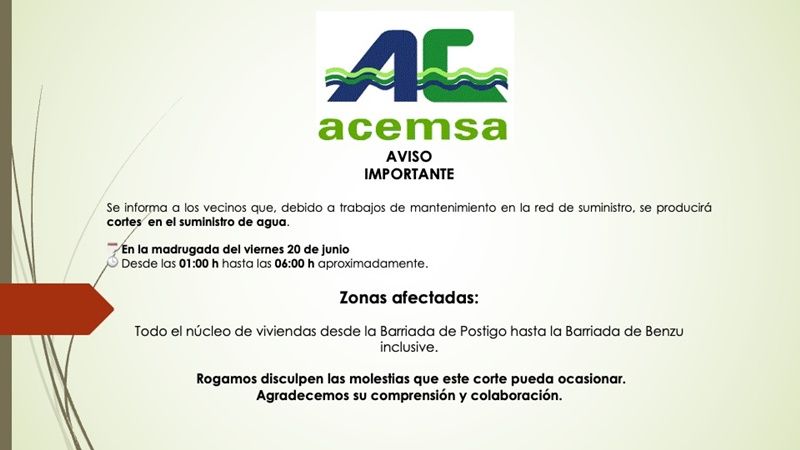 Corte de agua en la zona entre Postigo y Benzú la madrugada del viernes por trabajos de mantenimiento
