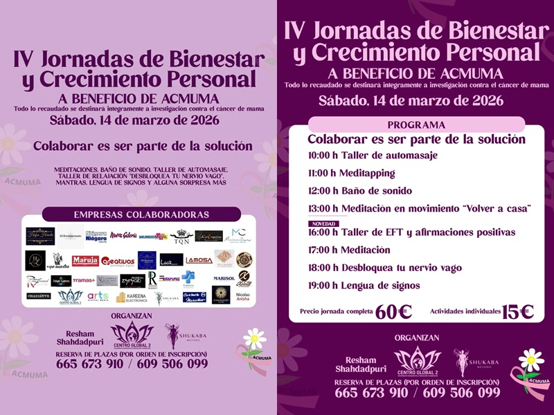 Centro Global 2 organiza las IV Jornadas de Bienestar y Crecimiento Personal a beneficio de ACMUMA
