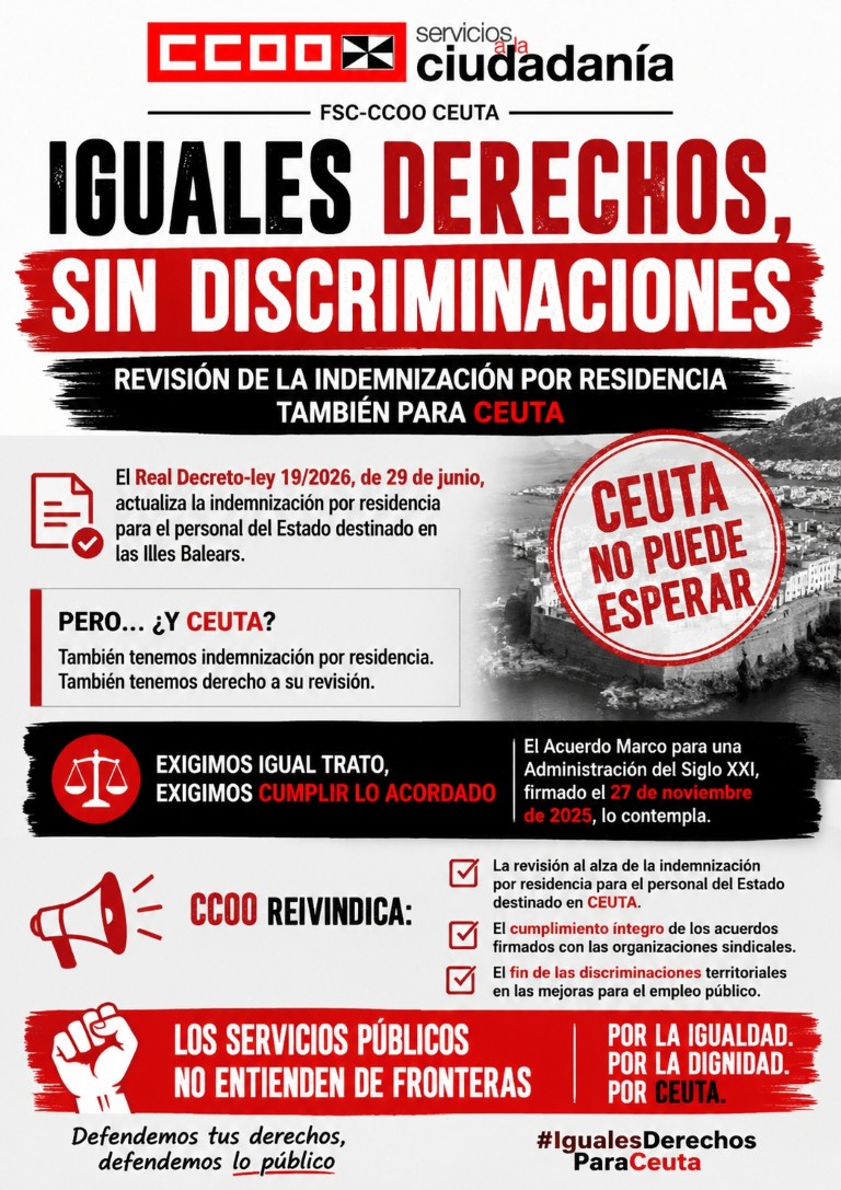 La FSC-CCOO de Ceuta exige que la actualización de la indemnización por residencia alcance también a Ceuta